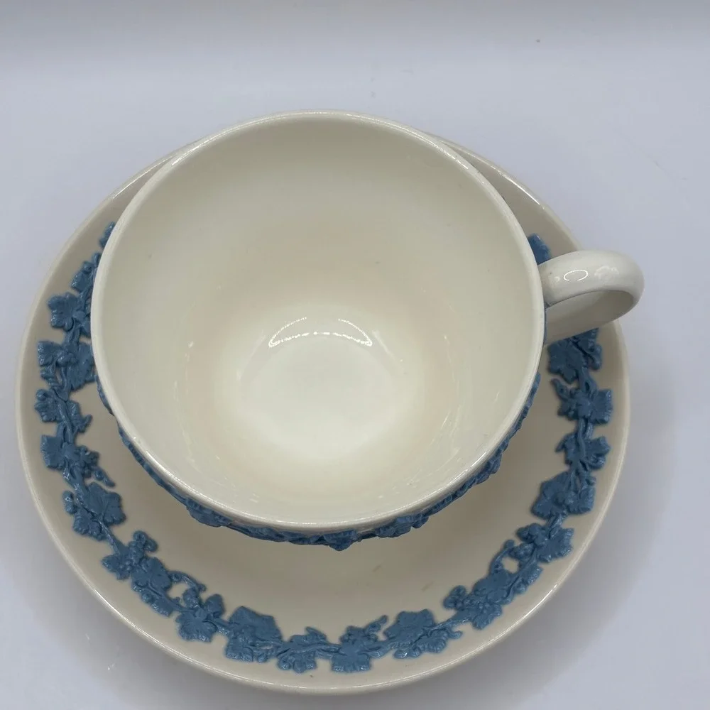 Wedgwood Embossed Queens‎ Ware Tea Cup and Saucer Lavender Blue on Cream England